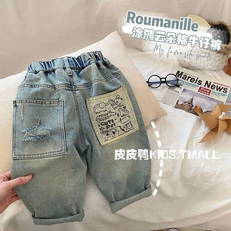 Quần Dài Jean Mùa Xuân Cho Bé Trai, Phong Cách Hàn Quốc, Quần Thường Ngày Dễ Phối Đồ Quần Ống Đứng, Quần Dáng Rộng Mùa Xuân Cho Bé, Thích Hợp Cho Trẻ Em