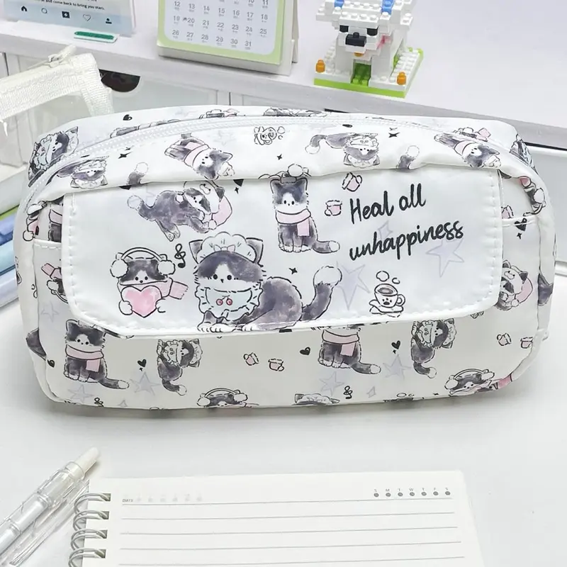Túi Đựng Bút Hình Mèo, Thiết Kế Hoạt Hình Dễ Thương, Ba Lớp, Chống Bụi Bẩn, Hộp Đựng Bút Chì, Dung Tích Lưu Trữ Lớn, Thích Hợp Cho Học Sinh 5