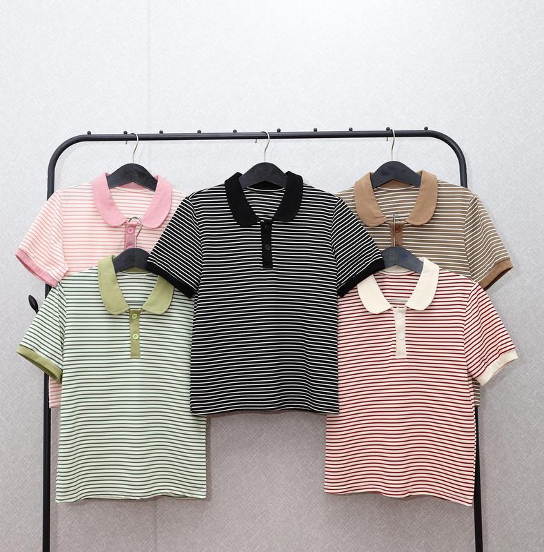 ( TẶNG TAG ÁO ĐÍNH ĐÁ ) Áo Thun Nữ  Polo Tay Ngắn Thiết Kế Kẻ Sọc Phong Cách Hàn Quốc