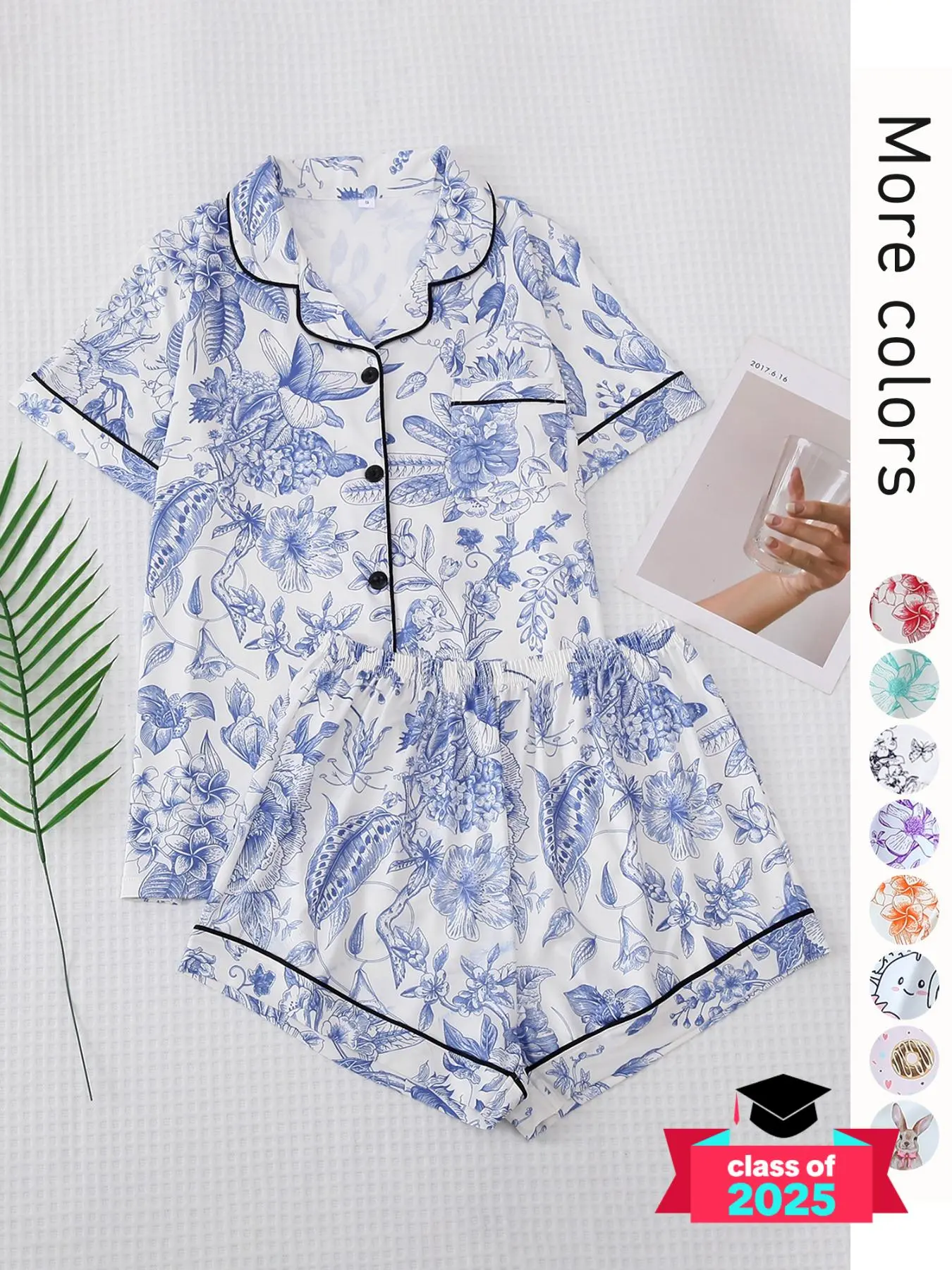 2 Counts Women's All Over Print Contrast Binding Lapel Shirt & Shorts Pyjama Set, Back To School Button Front Short Sleeve Top & Elastic Waist Shorts Pj Lounge Set For Fall, Casual Two-piece Sleepwear Loungewear Co-ord Set for Women, Lily Bloom Pajamas