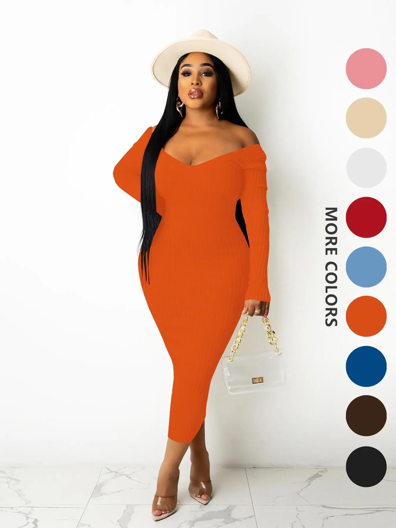 Women's Plain Ribbed V Neck Bodycon Dress, Casual Long Sleeve Midi Dress for Fall & Winter, Women's Clothing for Daily Wear