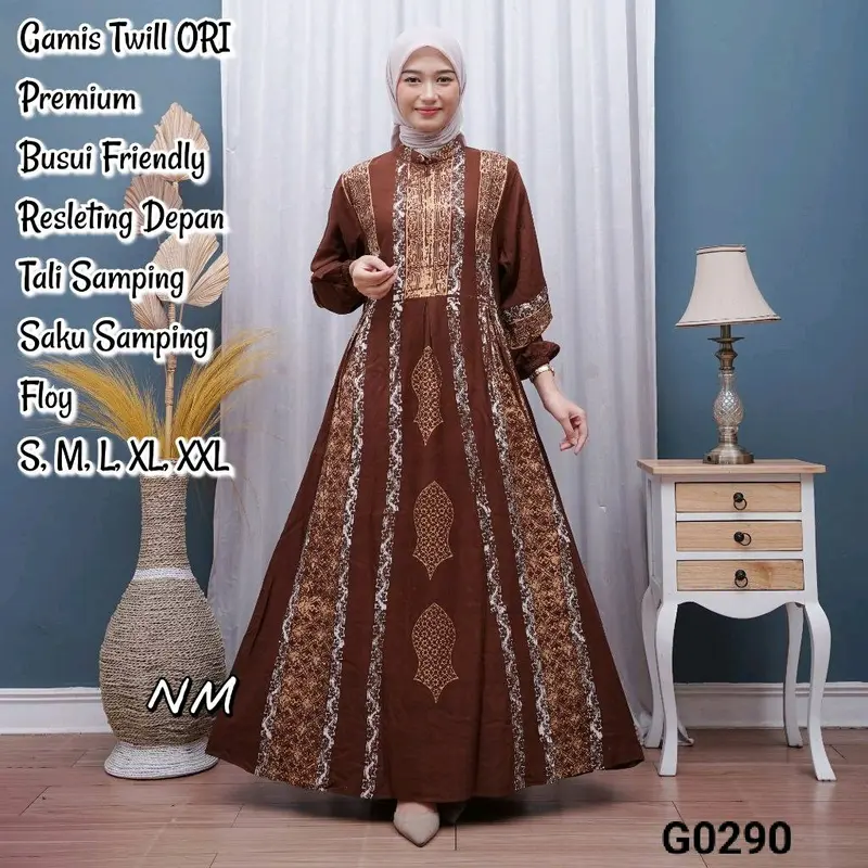 Gamis twill original 100% kancing susun Panjang Wanita Muslim 0