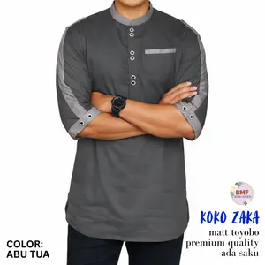 BMF2 Koko Kurta Zaka Dewasa S M L XL XXL 3XL Fashion Pakaian Muslim Pria Baju Hijau Kancing Katun Toyobo