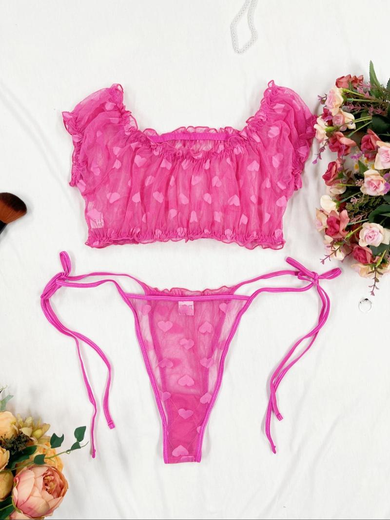 Product Introduction of Women's Heart Print Contrast Mesh Ruffle Trim Top & Thong Set, Sexy Swim Top & Cheeky Bottoms Set, Lingerie Set for Women 6