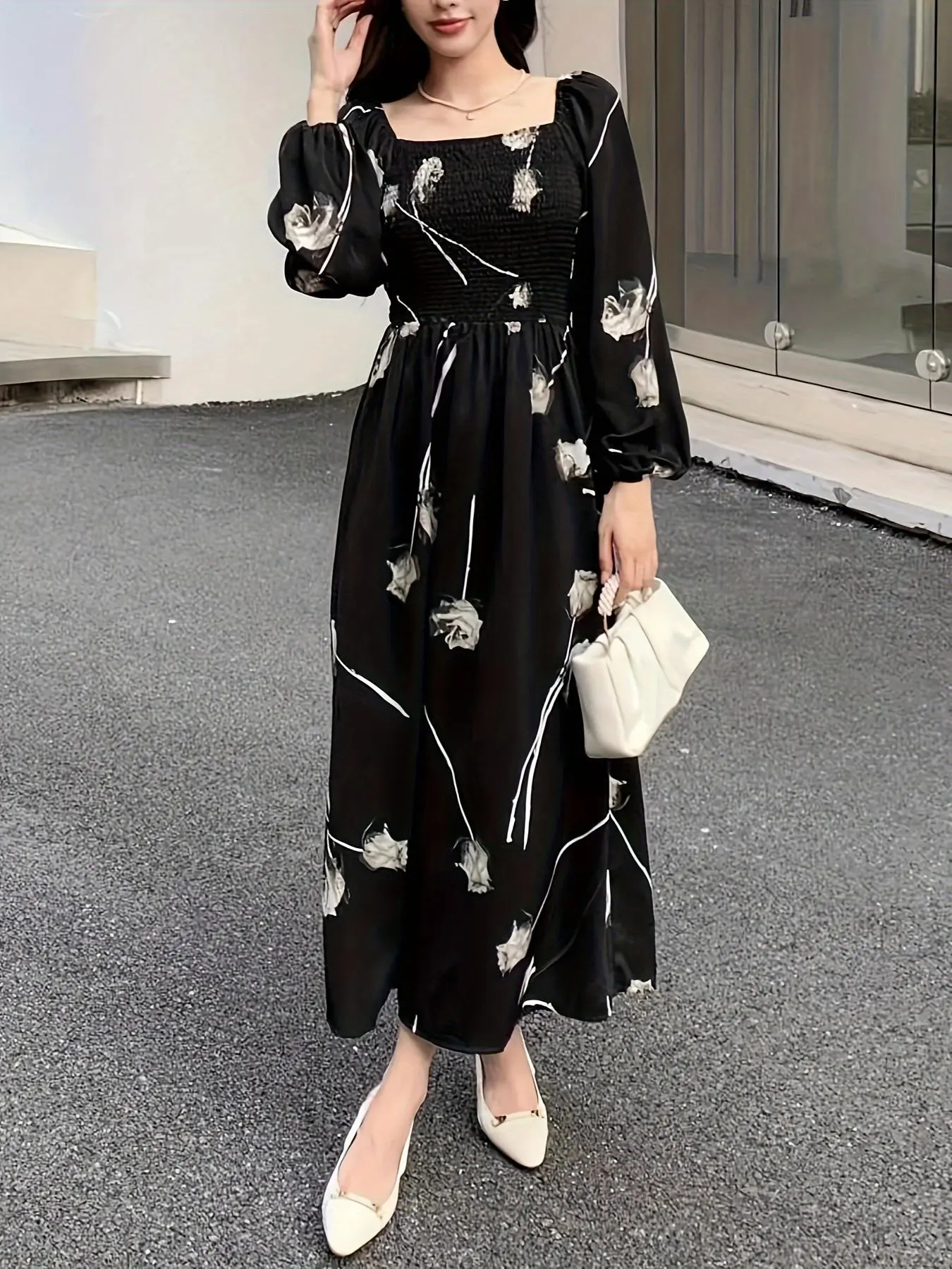 Women's Floral Print Dress, Elegant Fashion Casual A Line Dress for Daily Outdoor Wear, Women Dress for Spring Fall