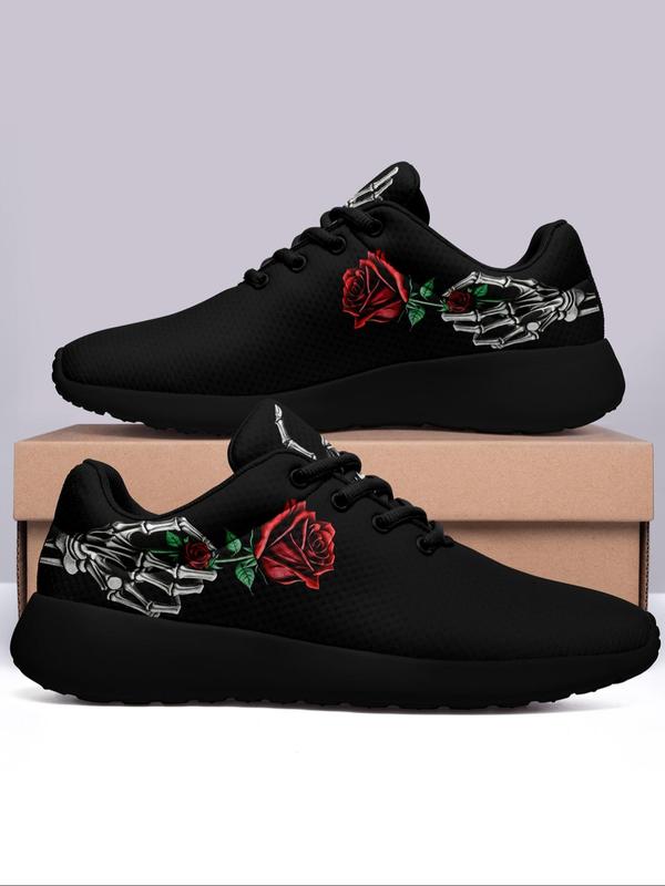 Women's Rose Skull Hand Bone Print Low Top Sneakers, Sports Running Shoes, Slip Resistant, Shock Absorbing, Breathable, Available in Large Size 1