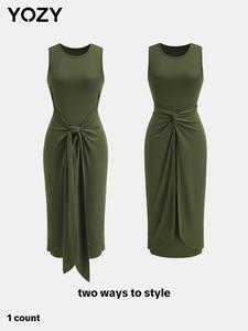 YOZY Women's Solid Color Round Neck Dress, Elegant Knot Sleeveless Dress for Party Dating Wear, Ladies Clothes for Summer