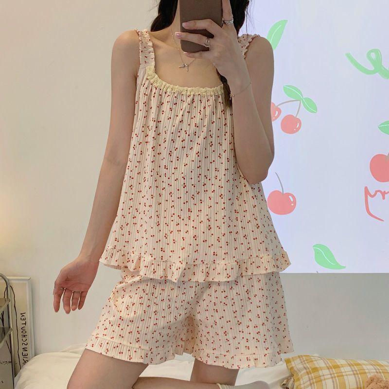 Bộ Đồ Ngủ Nữ, Phong Cách Hàn Quốc, Màu Trơn Và Hoa, Bộ Đồ Ngủ Mùa Hè, Áo Ba Lỗ Không Tay Mỏng, Quần Đùi, Thích Hợp Mặc Nhà Ngọt Ngào Có Thể Mặc Ngoài Trời Top Women Quần Ngủ 9