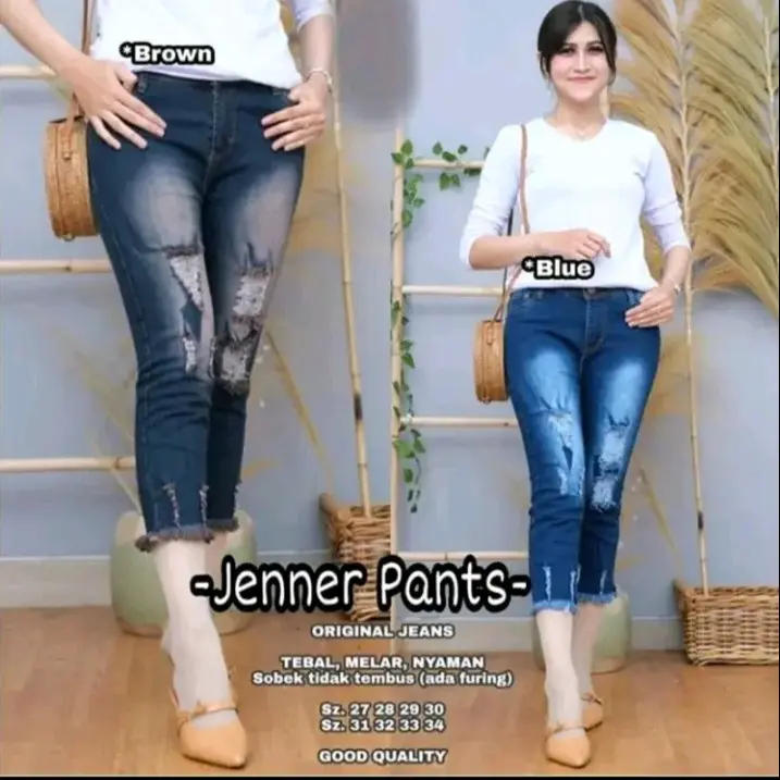 celana jeans pensil sobek jenner pant 7/9 bahan denim strech adem 0