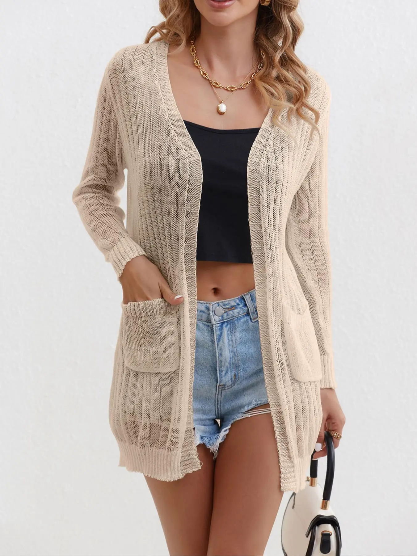 Women's Plain Pocket Long Sleeve Cardigan, Casual Open Front Knitwear for Spring & Fall, Women's Knit Clothing for Daily Wear