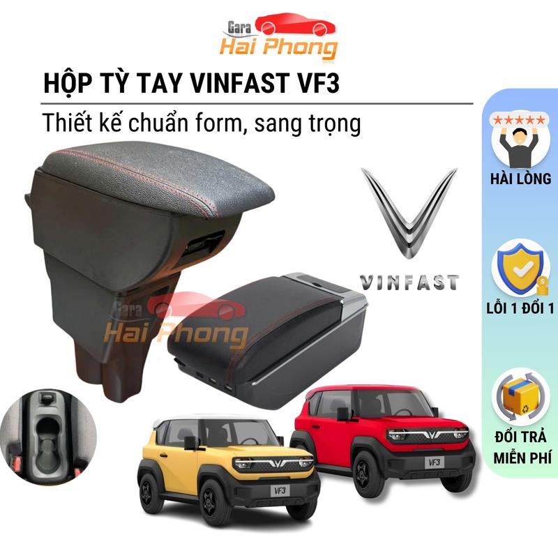  Hộp tỳ tay ô tô Vinfast VF3 màu đen cao cấp có 2 ngăn và 7 cổng sạc tiện lợi 