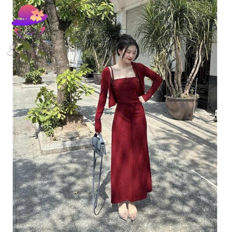 ĐẦM THUN TĂM LẠNH 2 DÂY DÁNG DÀI QUA GỐI ĐÍNH BÔNG KÈM KHOÁC TAY DÀI TÔN DÁNG 4