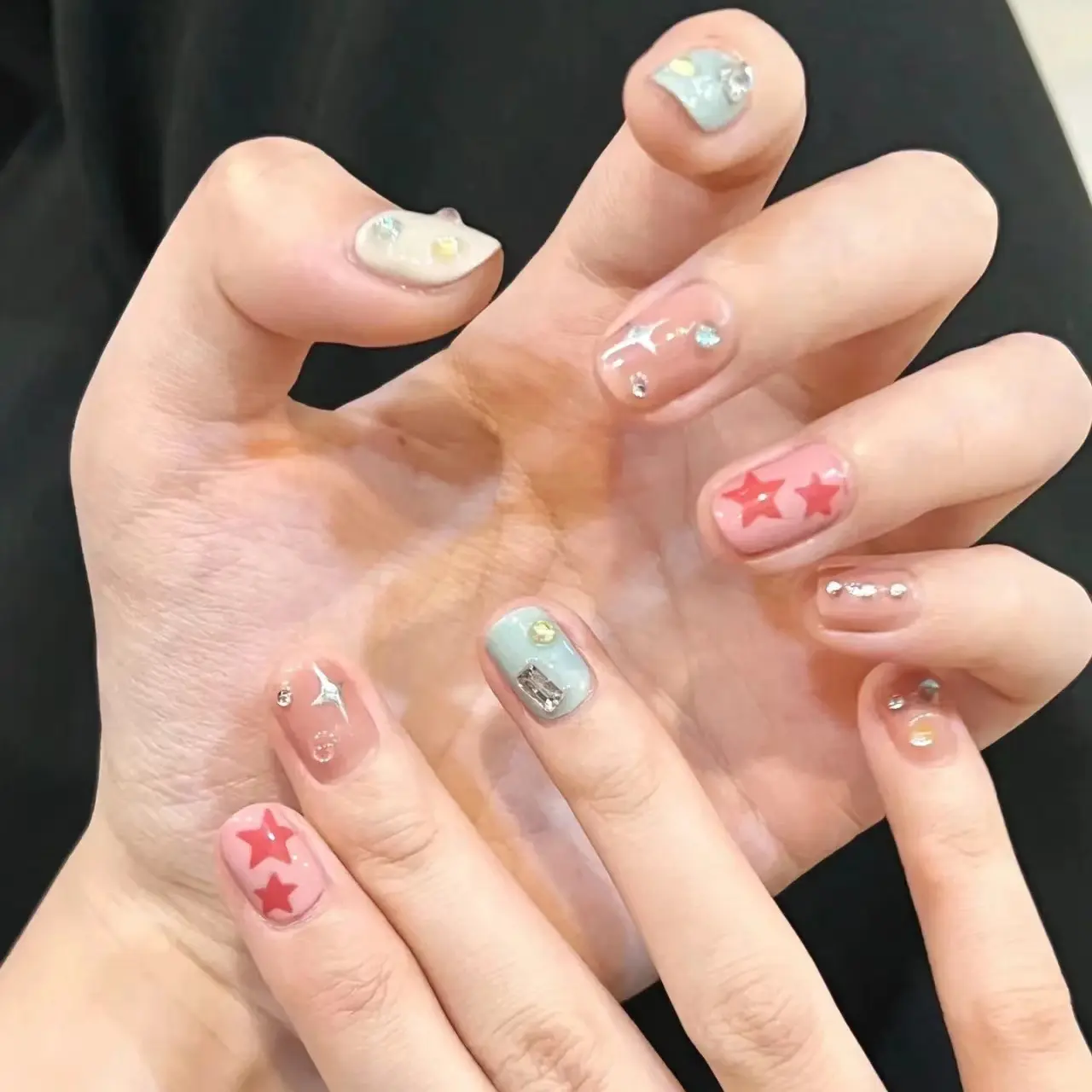 Morandi Color Short False Nail Rhinestones Four Pointed Star Handmade Removable Press On Nails Drop Shipping