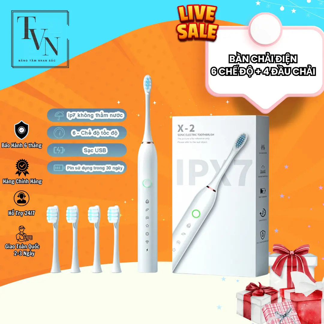 Bàn Chải Điện Top 6 chế độ - Tặng kèm 4 đầu thay thế BẢO HÀNH 6 THÁNG