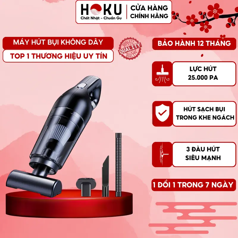 Máy hút bụi cầm tay mini không dây HOKU - MHB01 - hút bụi ô tô, giường, sofa lực hút siêu mạnh 15.000PA BH 12 Tháng Làm Sạch