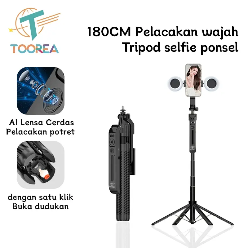 TOOREA C12 Pelacakan Wajah Otomatis Tripod Selfie Stick 1.8m Gimbal Handphone Stabilizer 360° Stand 4-leg Tongsis dengan LED LAMPU Ganda Auto Face Tracking Tripod