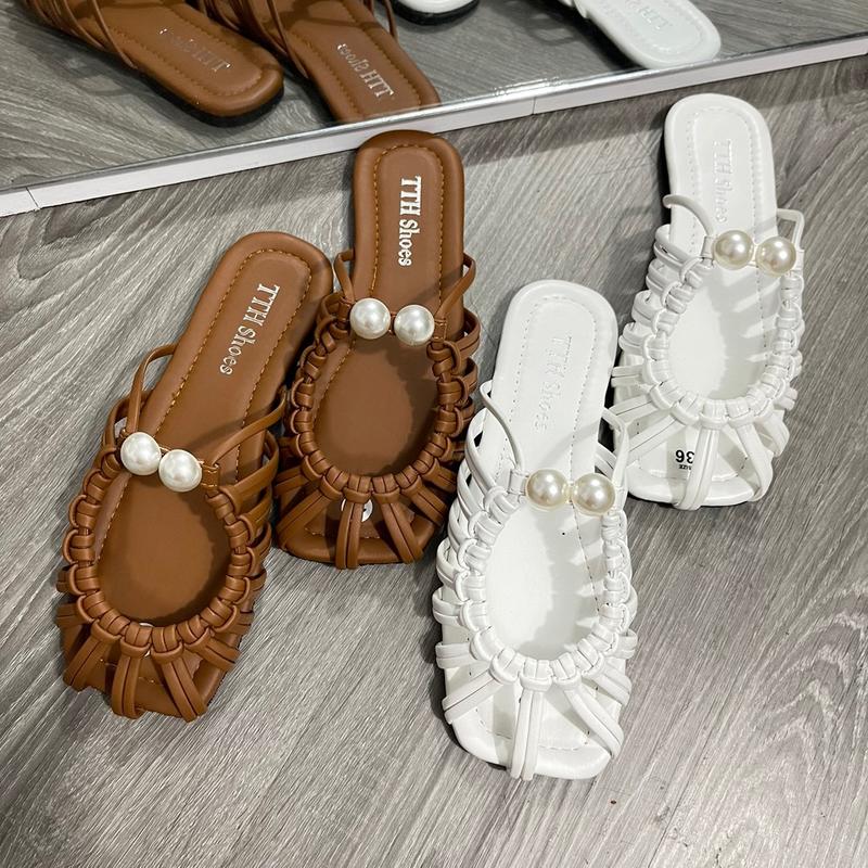 Dép bệt nữ mũi vuông quai rọ đan kết hợp khóa hạt châu thời trang bigszie từ 35 đến 45