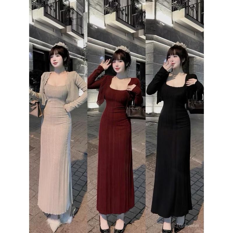 [S89] Set váy len 2 dây midi dáng dài kèm áo khoác cardigan len tiểu thư mùa đông