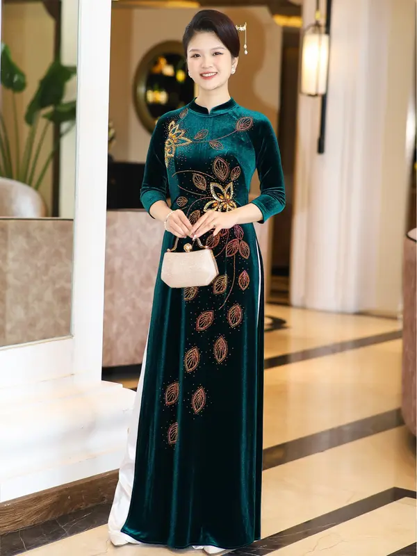 (Không kèm quần) Áo dài nhung trung niên cổ tàuT424 T437 2