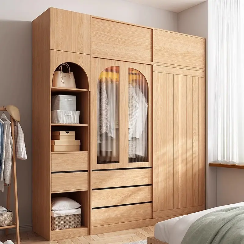 [Pre Order] Wooden color sliding door wardrobe, home bedroom, small apartment, modern simple retro style, sliding door storage cabinet, wardrobe