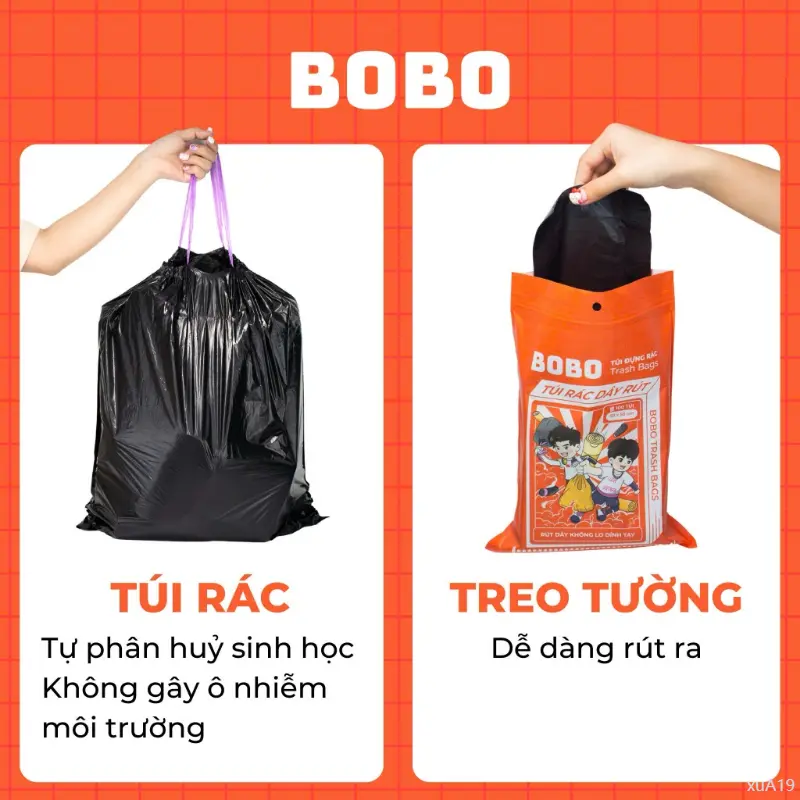 Túi rác BoBo túi đựng rác có dây rút tự phân huỷ bịch 5 cuộn 100 túi size 50x55cm túi bịch đựng rác có quai chổi  lau  nhà cayla  umini cây  tường  sàn nylon dẽo dai bình thường túi rác  bobo sáp  thơm  phòng  ngủ it phong tinh dau _ chanh hạt  treo  dán 6