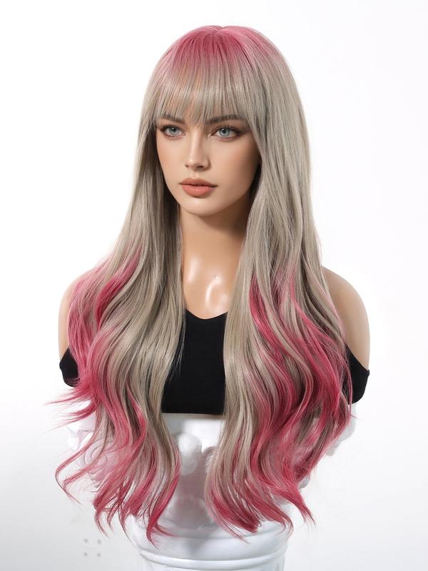 Long Ombre Color Curly Wigs for Women, Gorgeous Fluffy Wigs with Bangs, Synthetic Full Machine Wigs for Party, Daily Use 2
