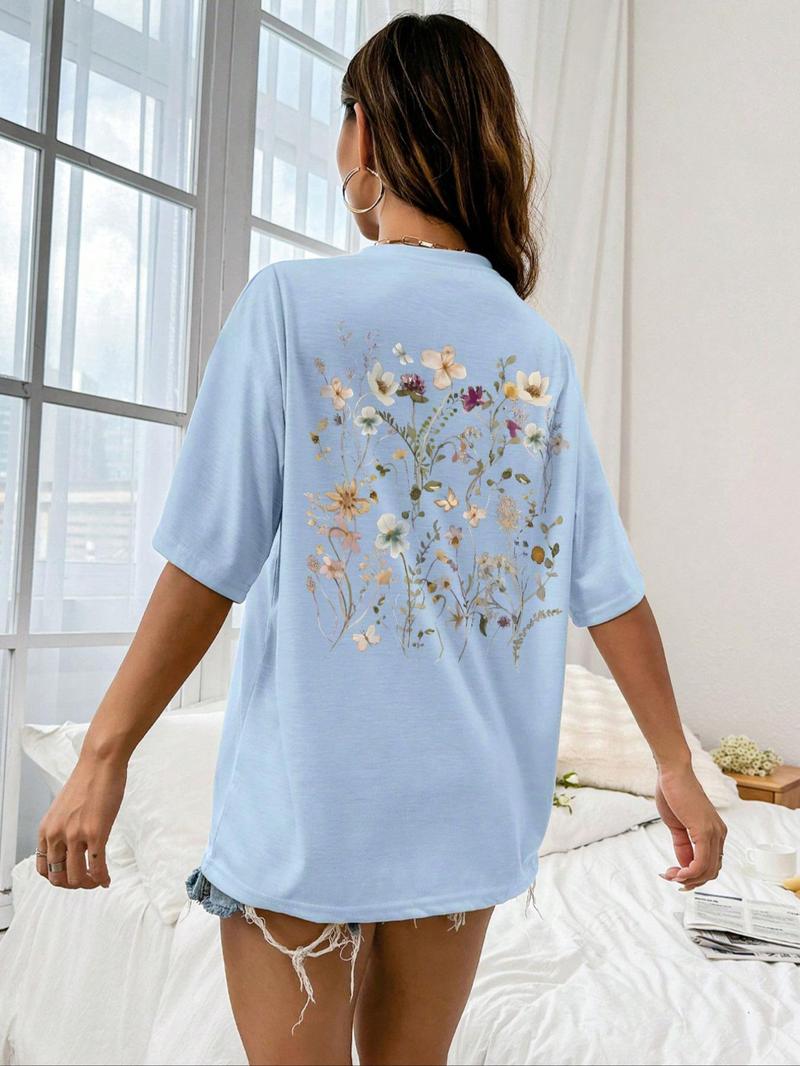 Product Introduction of Women's Floral Print Drop Shoulder Crew Neck Tee, Street Fashion Casual Half Sleeve Round Neck T-shirt for Summer, Streetwear Tshirt, Ladies Summer Clothes, Graphic Tees, Clothing, Tops 15