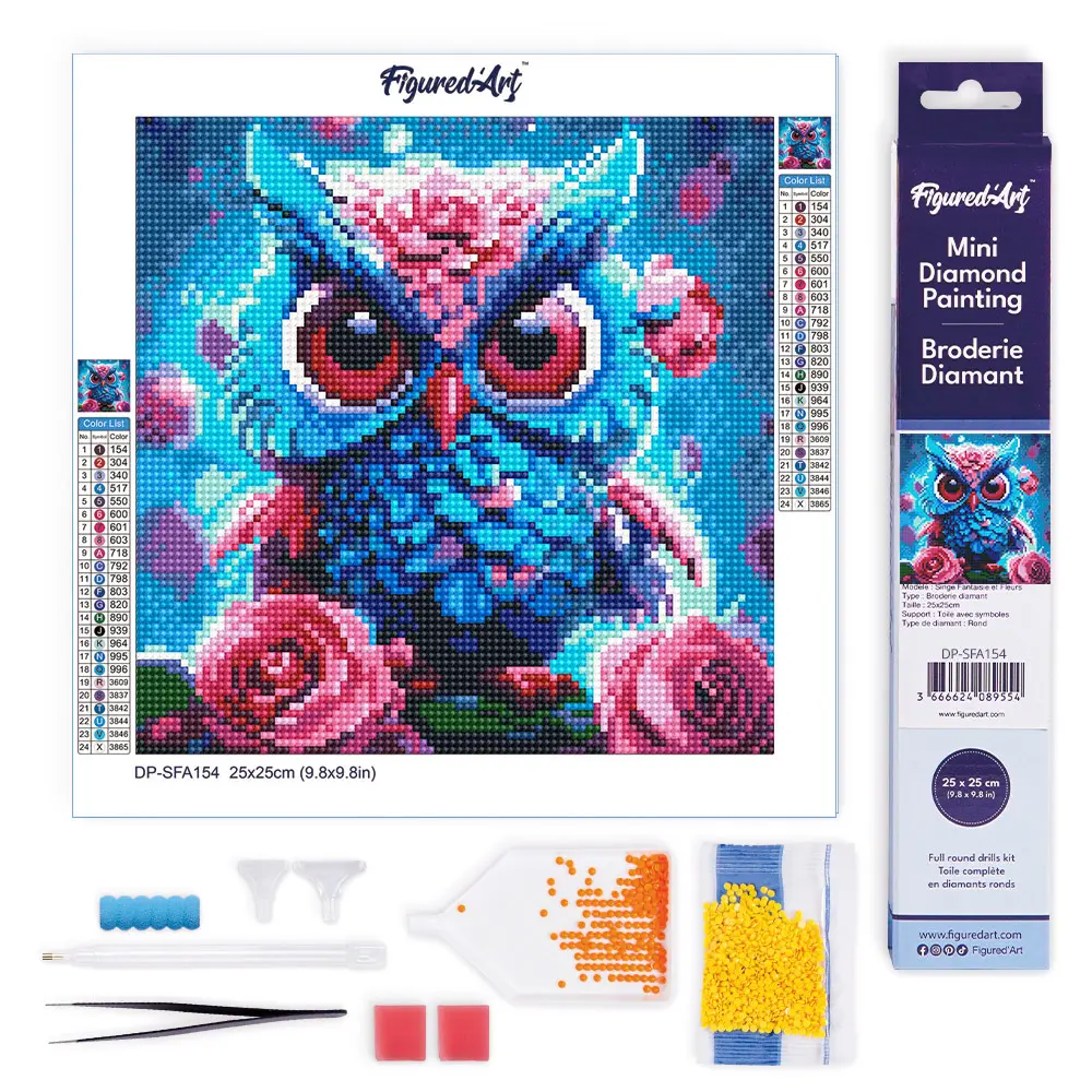 [พร้อมส่ง] Figured'Art ครอสติสคริสตัล 25x25 ซม. - นกฮูกสีฟ้า