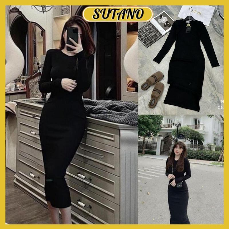 Đầm body nữ- váy body len tăm dài tay cổ tròn dáng dài form ôm vải co giãn V912 SUATNO