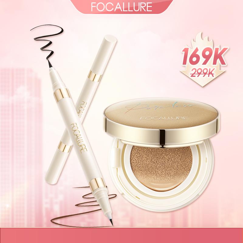 FOCALLURE Combo 2 Món Cushion Phấn Nước Hỗ Trợ Che khuyết Điểm + Bút Kẻ Mắt Nước Hai Đầu Phù Hợp Trang Điểm Hằng Ngày
