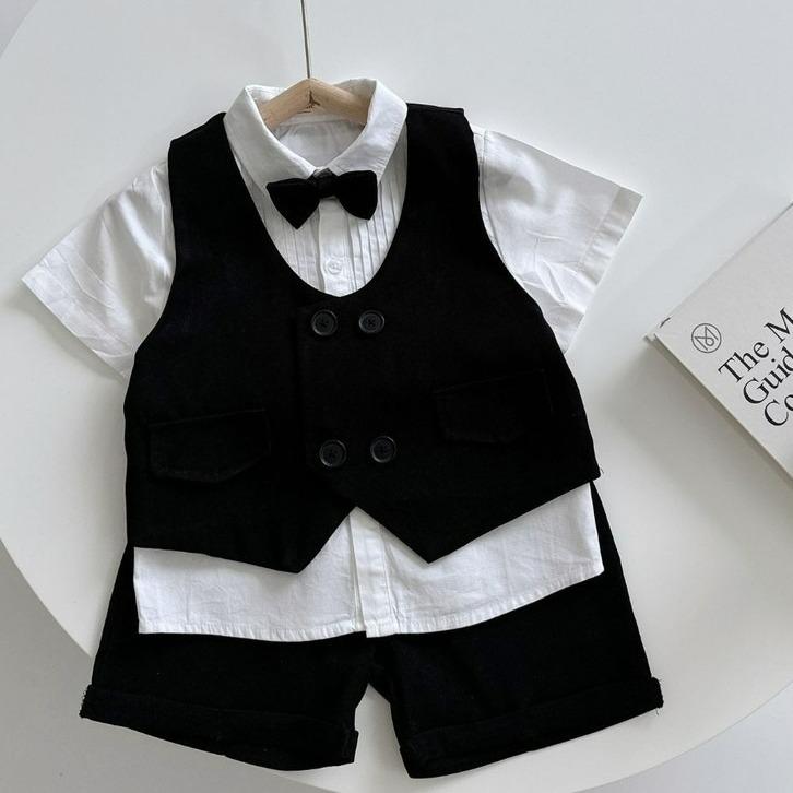 Sét gile công tử cho bé trai size 7kg đến 14kg gồm áo sơ mi may sẵn gile có nơ và quần có túi vest  cho vest  cho