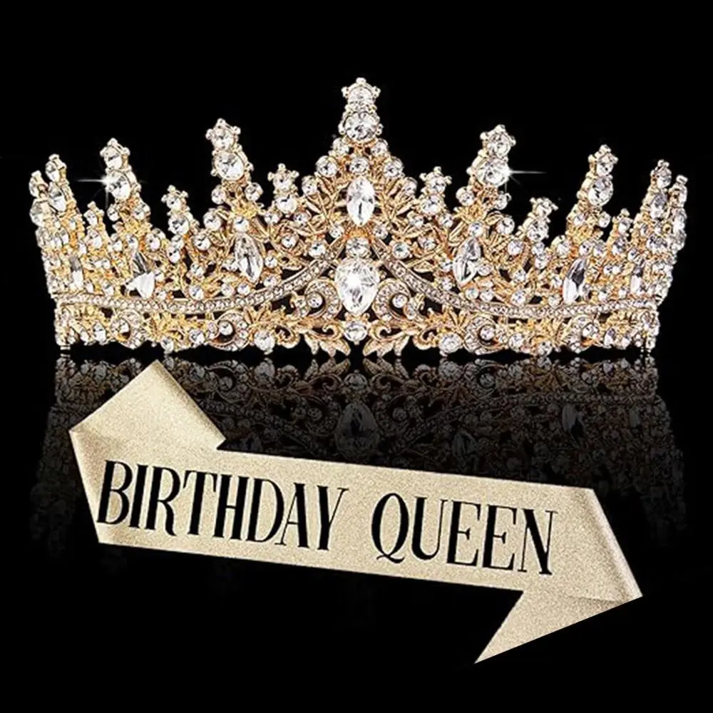 Birthday Queen Crown & Sash Set, 2pcs/set Elegant Birthday Tiara & Sash, Birthday Party Decoration Supplies for Women & Girls