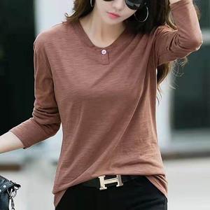 M-4xl Free Shipping Round Neck T-shirt for Women Long Sleeve New Korean Loose Button Comfortable Plain Casual Top Female bottoming Shirts Oversize Tee