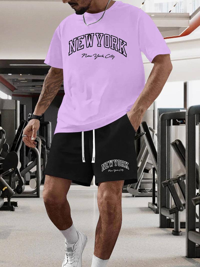 Product Introduction of Men's New York Print Short Sleeve Tee & Shorts Set, Regular Fit Casual Round Neck T-shirt & Track Shorts, Summer Clothes Set for Men 6