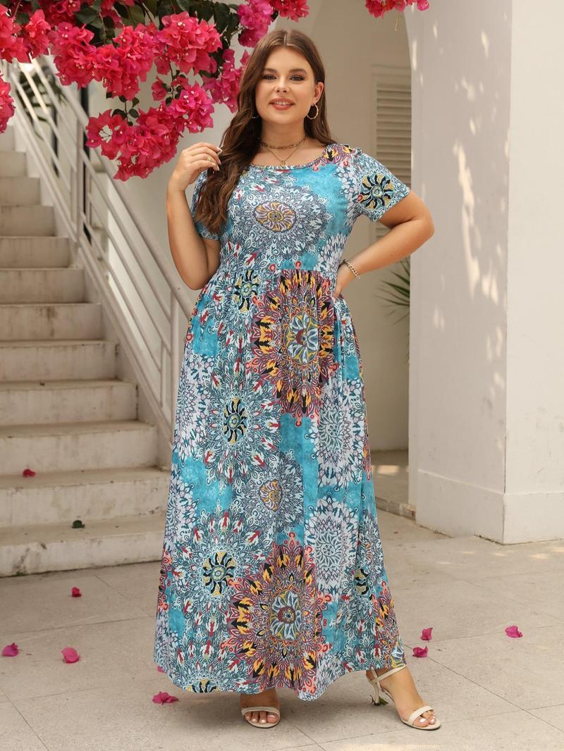 Product Introduction of Plus Size Ethnic Pattern Pocket Round Neck A Line Dress, Summer Clothes Women, Dresses Summer, Boho Short Sleeve High Waist Long Dress for Beach Holiday Vacation, Women's Clothes for Summer 17