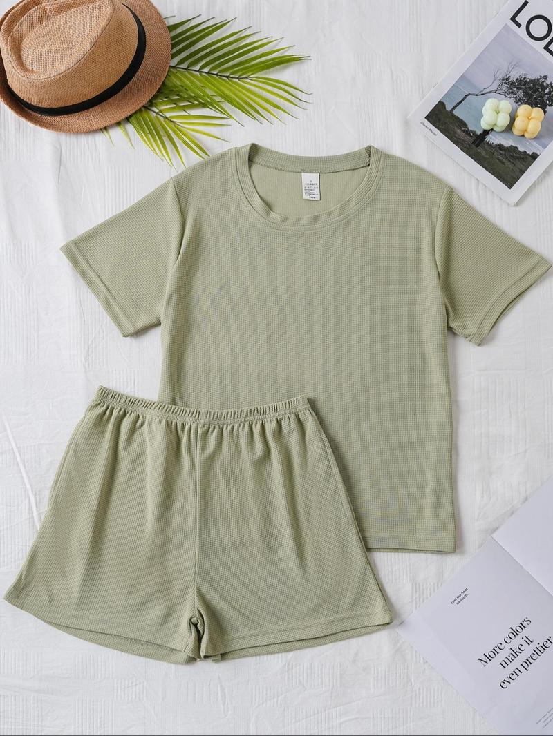 Product Introduction of Women's Solid Waffle Knit Lounge Set, Casual Comfy Short Sleeve T-shirt & Shorts Matching Pj Set, Ladies Sleepwear for Summer, Perfect Matching 6