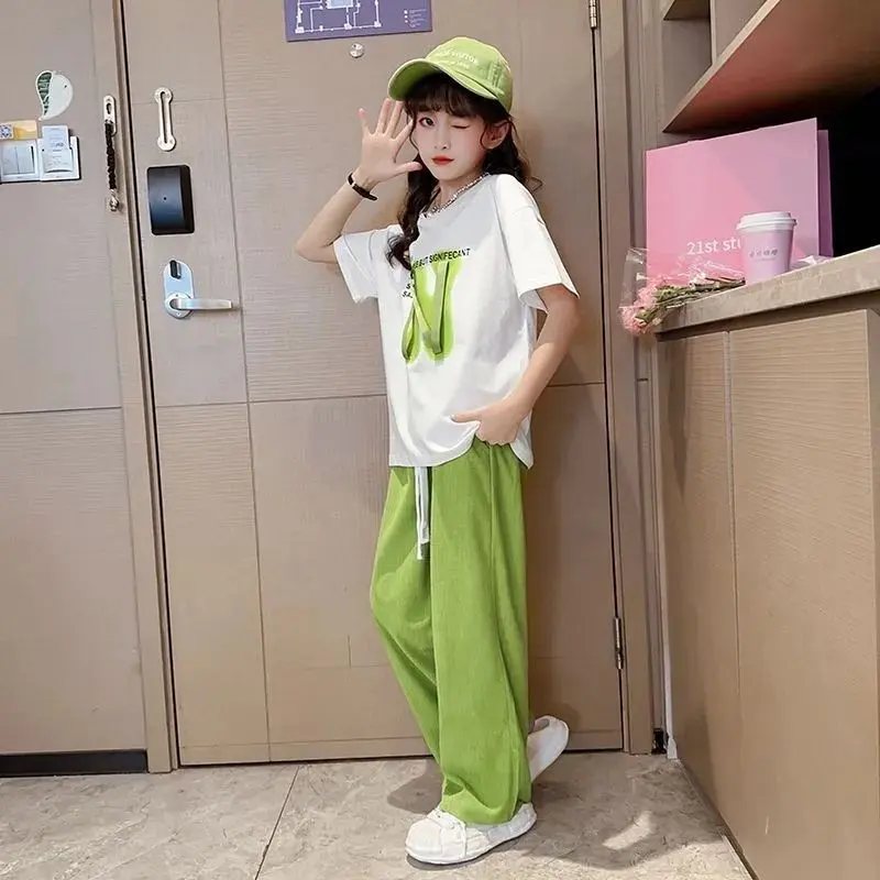 Bộ Đồ Mùa Hè Cho Bé Gái, Thời Trang Trẻ Em Mới, ngắn Tay, Cỡ Trung Bình Và Lớn, Bộ Đồ Hai Mảnh, Phong Cách Thường Ngày Quần Ống Rộng, Bán Chạy Trên Internet, Thời Trang 6