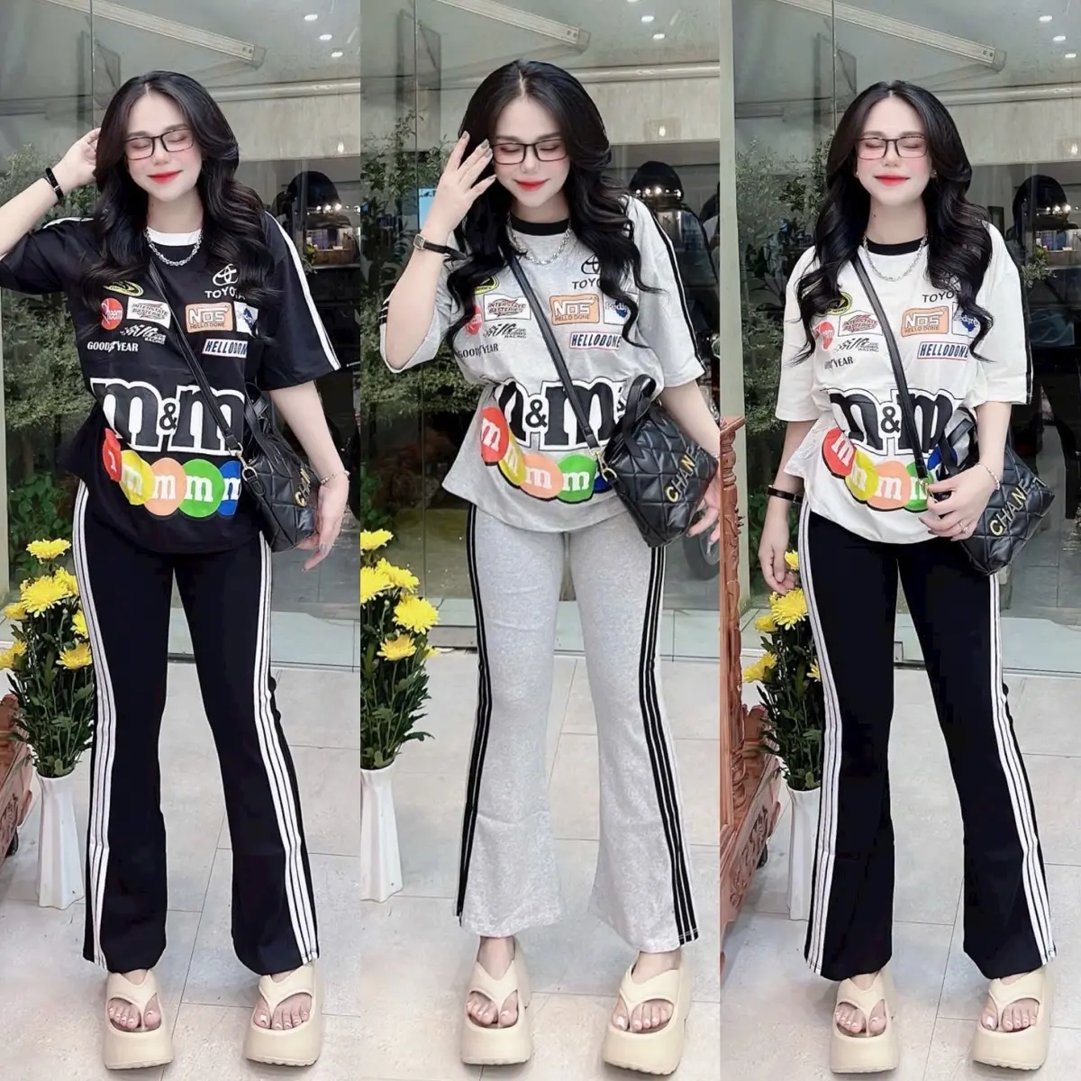 Set áo thun in hình kẹo quần loe 3 màu