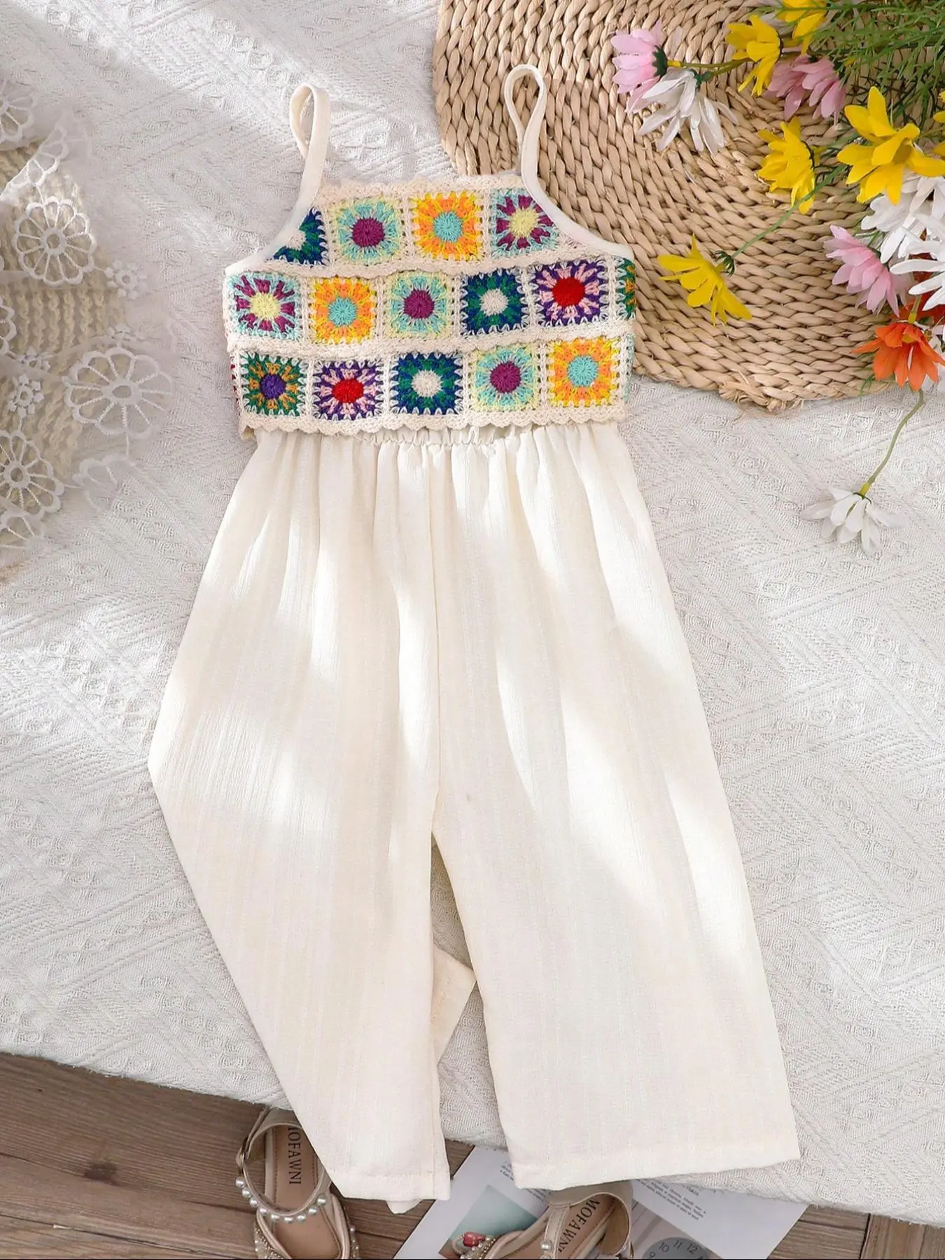 Baby Girl's Floral Embroidery Scallop Trim Cami Romper, Cute Sleeveless Spaghetti Strap Jumpsuit for Summer, Newborn Infant Kids Clothes for Daily Wear