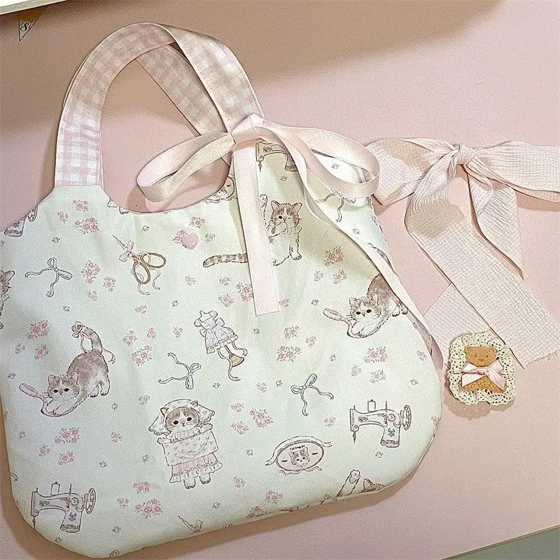 Cute Cartoon Bag 2024 New Large Capacity Totes Bear Printed Canvas Bag Niche Commuter Hand-Carrying Bag
