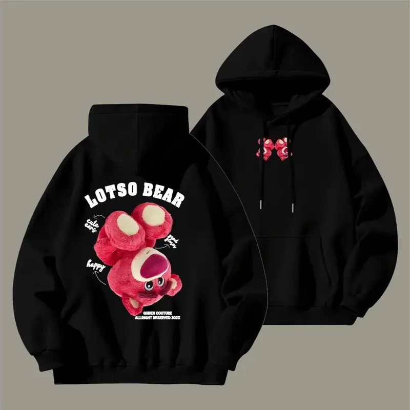 Áo khoác hoodie nỉ unisex chui đầu gấu hồng gấu dâu lotso ngược chổng đầu dài tay menswear Trắng 0