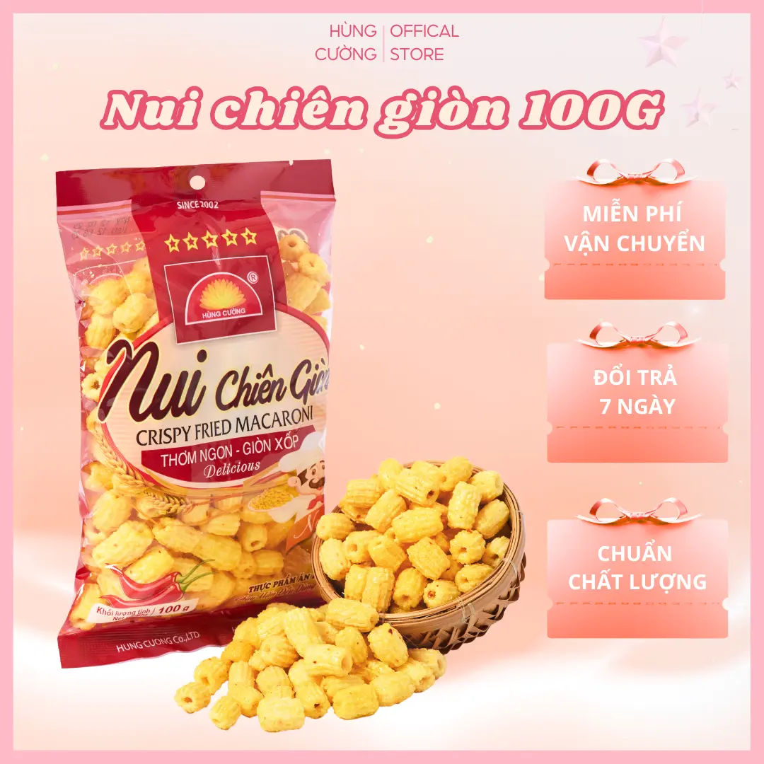 Nui chiên 100g, nui chiên Hùng Cường, ăn vặt ngon giòn, snack ăn vặt, snack food, ăn vặt tuổi thơ