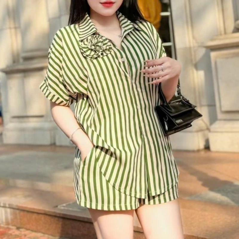 Set đồ xinh bigsize set bộ đi chơi mùa hè áo sơ mi tay ngắn quần đùi ESHOP set đồ bigsize nữ đi tiệc sang chảnh du lịch hè A410 Top women