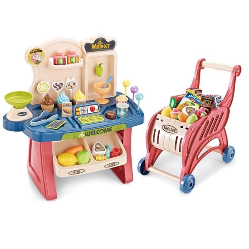 Đồ chơi siêu thị kèm xe đẩy 40 chi tiết cho bé-quầy bán kem mini dành,đồ chơi bán hàng,đồ chơi Toy bộ đồ chơi nấu ăn bằng nước