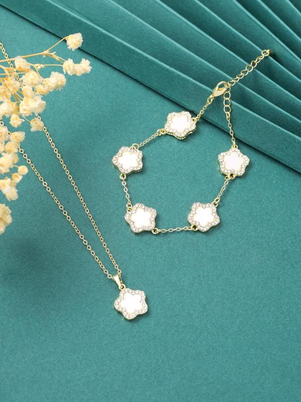Spring Romantic Flower Charm Bracelet & Pendant Necklace, Real Jewelry Sets, Saint Patrick's Rhinestone Decor Women's Summer Accessories for Daily Wear, Todays Flash Sale Bundles Valentine's Day Gift, Vintage Jewelry  Jewelry Set for Women 1