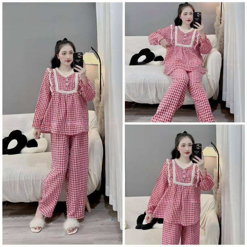 Bộ Quần - Áo Ngủ Dài Tay Cho Bầu Và Sau Sinh Cổ Viền Ren Tay Bèo Kẻ Caro - b136