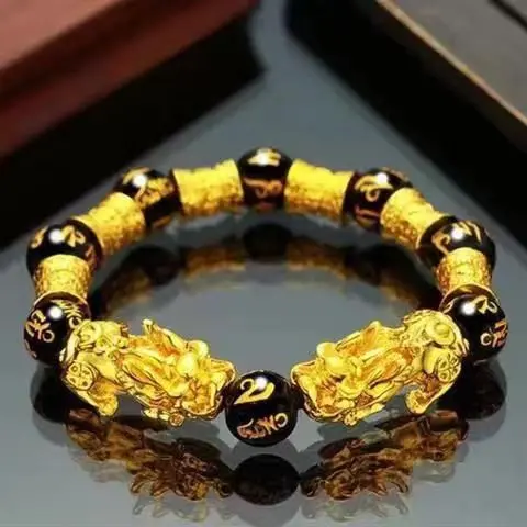 2025 New Fashion Popular Alluvial Gold Double Pixiu Bracelet Unisex Amass Fortunes Simple Alluvial Gold Color Bracelet Washed No Color Fading