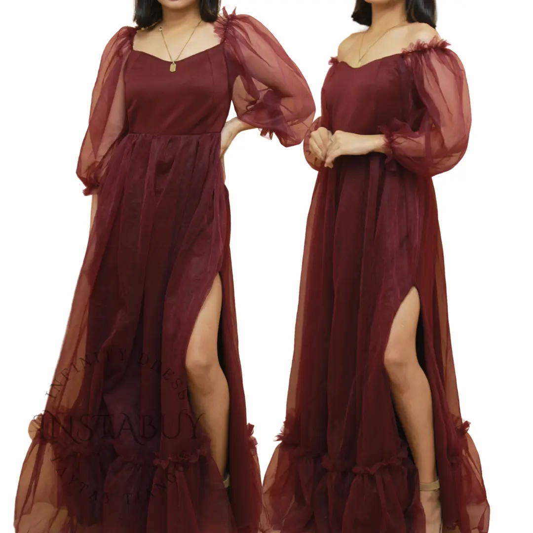 Alyana Ruffled Tulle Dress Factory Price Mall Quality Bridesmaid Dress Elegant Lace Longsleeve Maxi