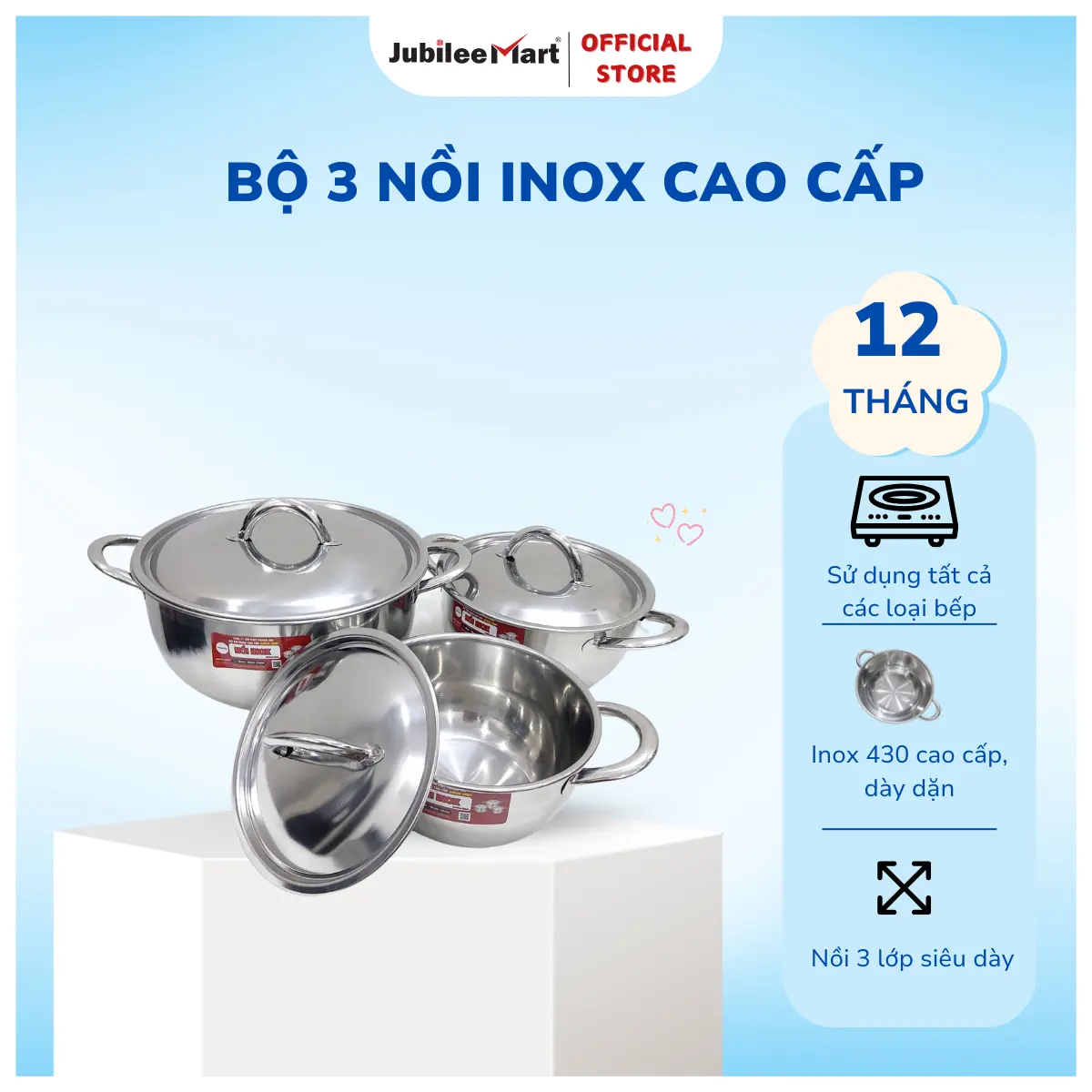 Bộ 3 Nồi Inox 430 Cao Cấp 3 Size- Bộ Nồi Chính Hãng Dày Dặn An Toàn Cho Sức Khỏe, Dùng Được Bếp Gas, Bếp Từ, Bếp Hồng Ngoại.