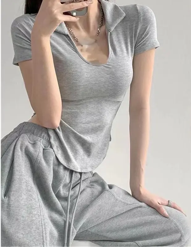 【Premium】U-Neck Short Sleeve Stretchy Basic Collar Top 7107 (S/M/L) 7